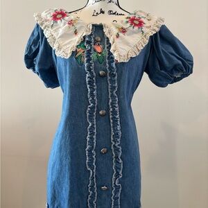 Blue Ruffled Midi Sundress with Puff Sleeves and Bib Collar